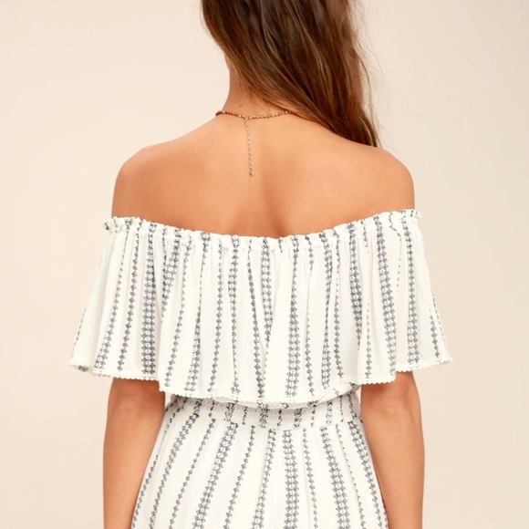 Lulu’s | White Print Off the Shoulder Romper - Picture 2 of 7